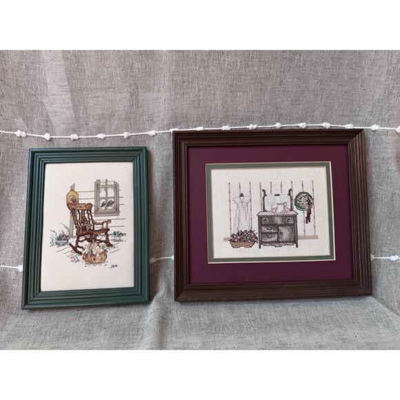 VTG Handmade Cross Stitch Needlepoint Framed Artwork Dresser 9x10 LOT OF 2 - Picture 1 of 10